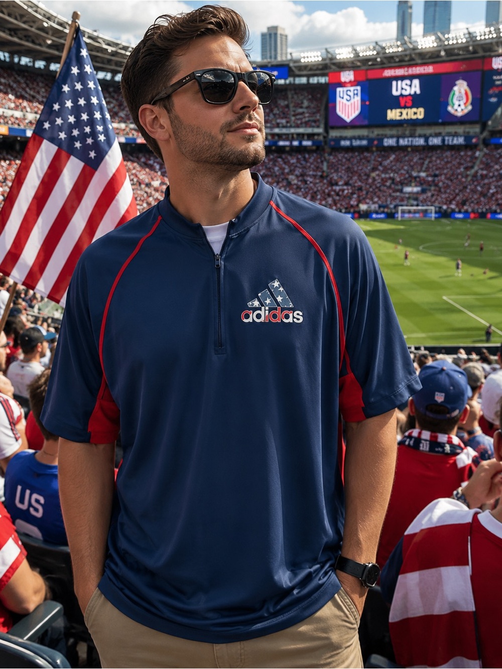 adidas Navy Short-Sleeve Quarter-Zip Athletic Jersey with Red Accents